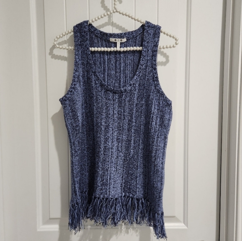 NWOT Three Dots‎ Knit Fringe Sleeveless Blue Cotton Top size small
